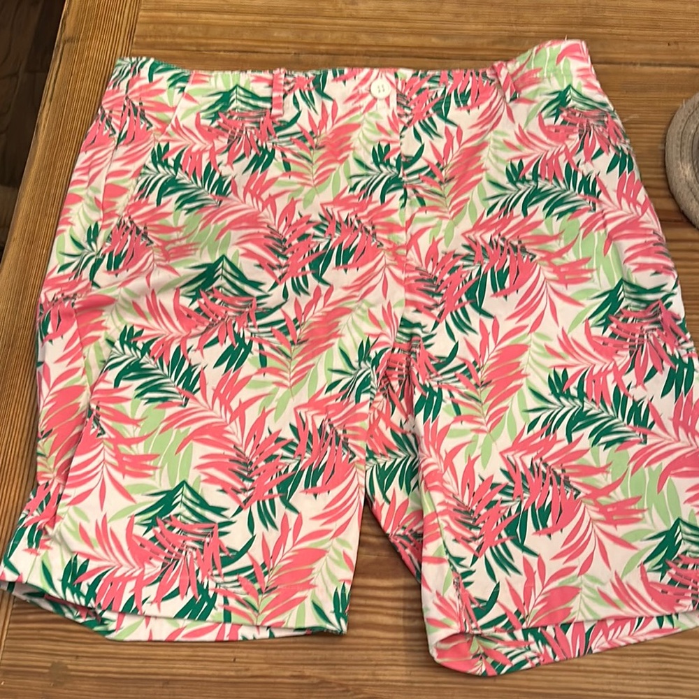 Talbots Pink and Green Flat Front Shorts Tropical Print